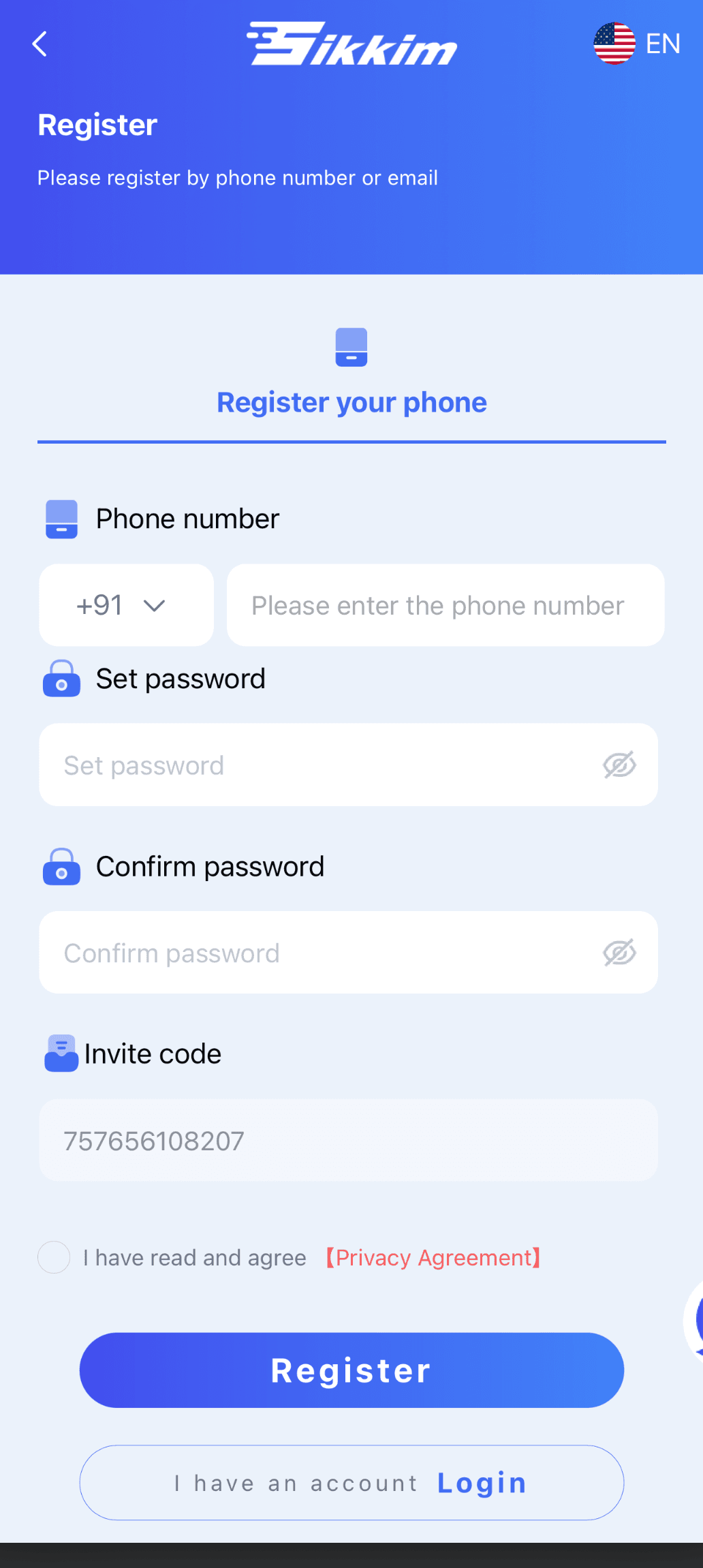 Sikkim Game register screen with invite code field