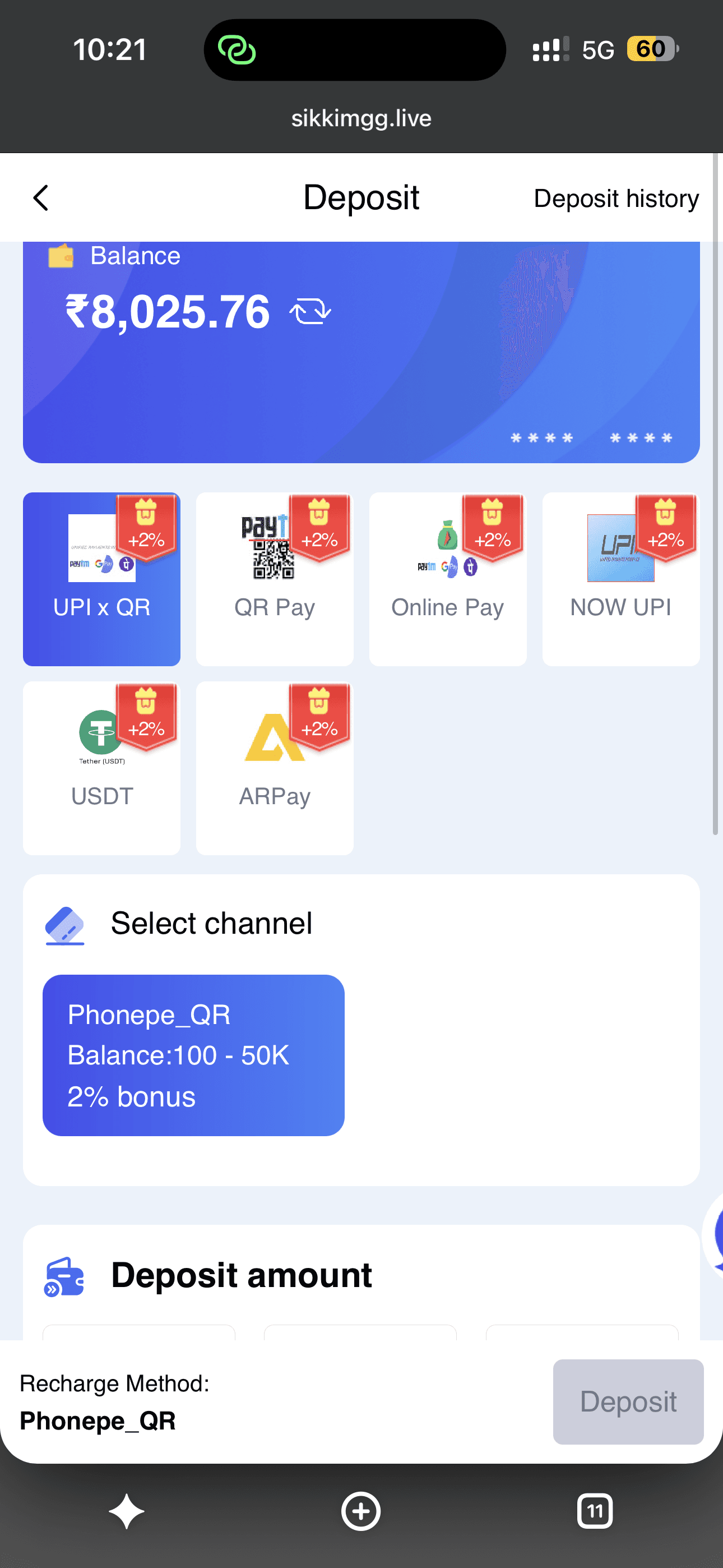 Sikkim Game Deposit screen with 2% bonus