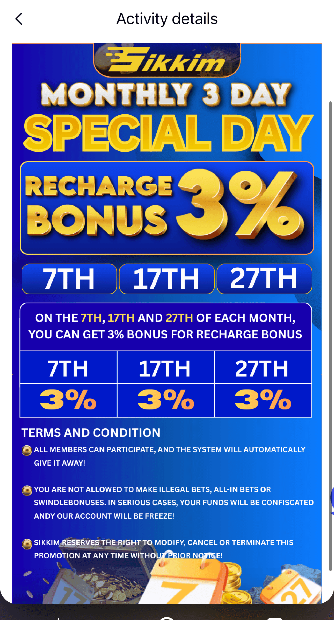Sikkim Game monthly 3-day recharge bonus